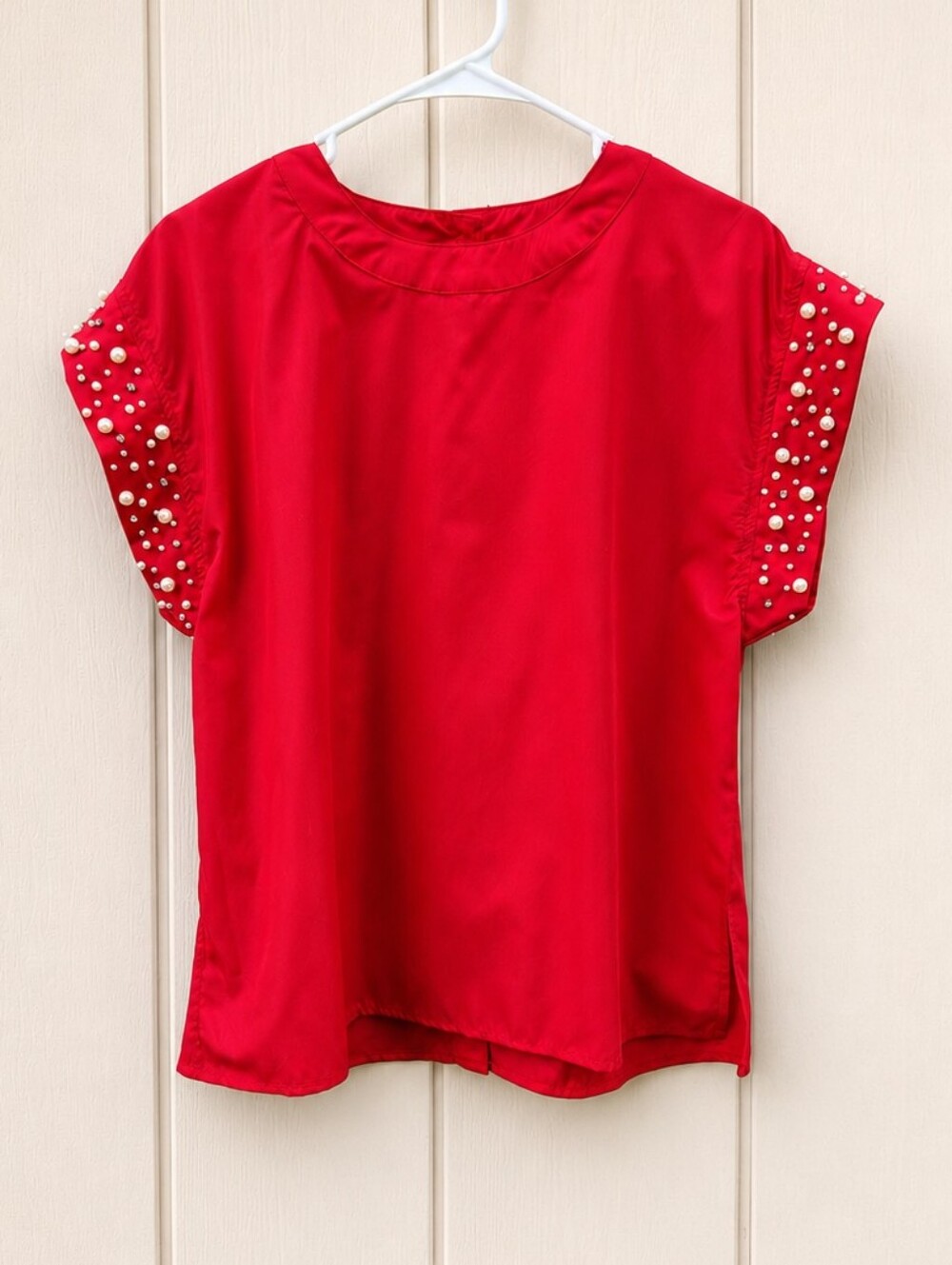 Entro Pearl Embellished Back Up Button Blouse Small 100% Cotton Red Timeless